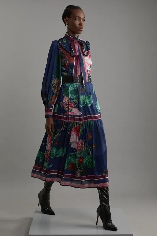 Petite Floral Print Woven Balloon Sleeve Midaxi Dress