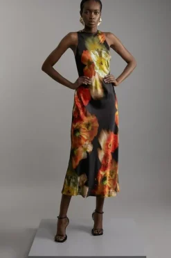 Petite Floral Satin Woven Column Maxi Dress