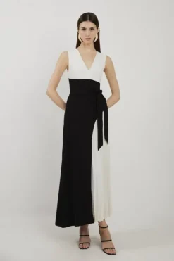 Petite Fluid Tailored Color Block Side Pleated Midi Dress
