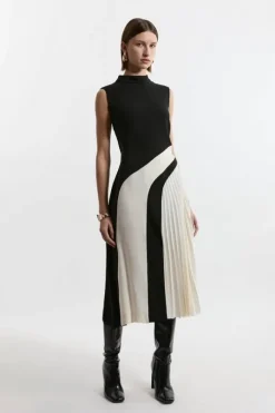 Petite Fluid Tailored Color Block High Neck Pleated Midi Dress