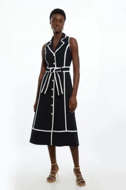 Petite Fluid Tailored Sleeveless Belted Contrast Tipped Midaxi Shirt Dress