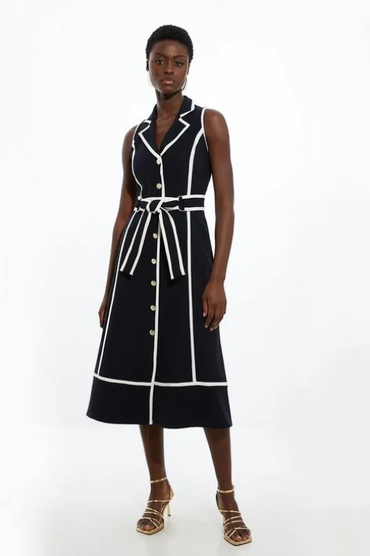 Petite Fluid Tailored Sleeveless Belted Contrast Tipped Midaxi Shirt Dress