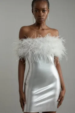 Petite Foiled Figure Form Bandage Knit Feather Off The Shoulder Mini Dress