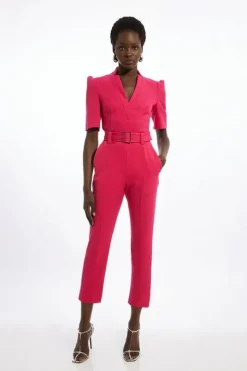 Petite Forever Belted Notch Neck Tailored Jumpsuit