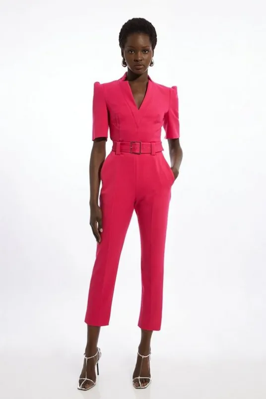 Petite Forever Belted Notch Neck Tailored Jumpsuit