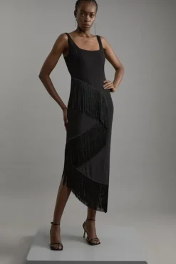 Petite Fringe Tassel Drape Tailored Pencil Midi Dress