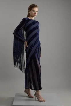 Petite Fringed Velvet Devore Long Sleeve Woven Maxi Dress