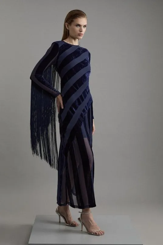 Petite Fringed Velvet Devore Long Sleeve Woven Maxi Dress