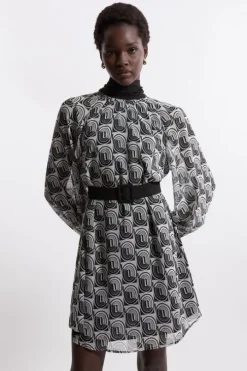 Petite Georgette Tie Neck Belted Woven Mini Dress