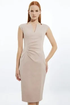 Petite Italian Structured Rib Tailored Envelope Neck Pencil Midi Dress
