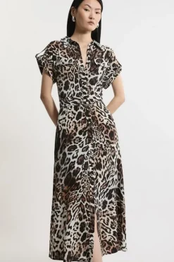 Petite Leopard Batik Printed Morocain Woven Midi Shirt Dress