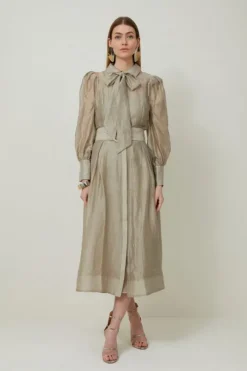 Petite Linen Blend Organdie Woven Pussybow Midaxi Dress