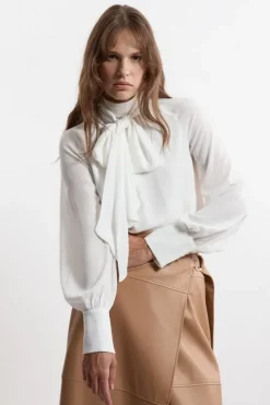 Petite Long Sleeved Pussy Bow Woven Blouse