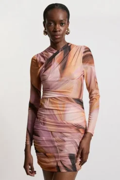 Petite Marble Printed Mesh Ruched Mini Dress