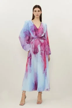 Petite Marble Printed Soft Pleated Woven Maxi Dress