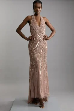 Petite Metallic Embellished And Beaded Halter Maxi Dress