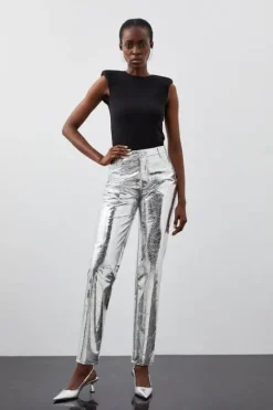 Petite Metallic Faux Leather Straight Pants