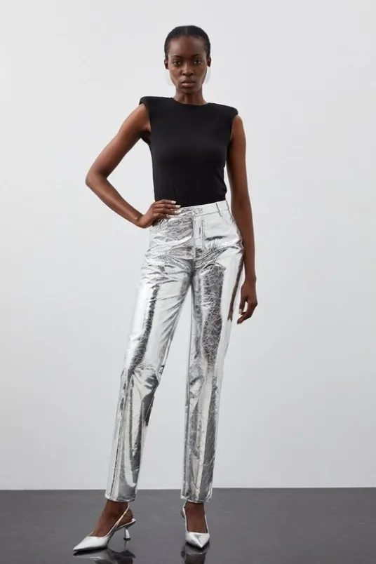 Petite Metallic Faux Leather Straight Pants
