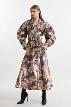 Petite Metallic Floral Tailored Trench Maxi Coat