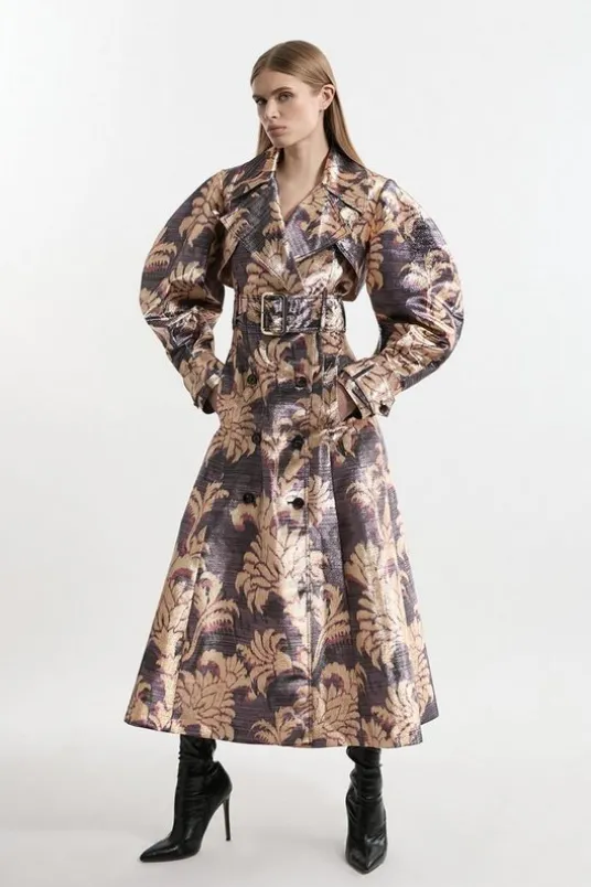 Petite Metallic Floral Tailored Trench Maxi Coat