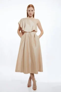 Petite Metallic Taffeta One Shoulder Ruffle Midi Dress