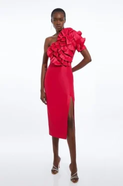 Petite Metallic Taffeta Rosette Maxi Off The Shoulder Dress