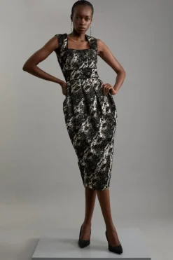 Petite Metallic Velvet Jacquard Tailored Square Neck Midi Dress