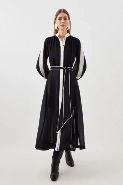 Petite Military Mono Belted Long Sleeved Woven Midi Dress