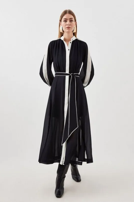 Petite Military Mono Belted Long Sleeved Woven Midi Dress