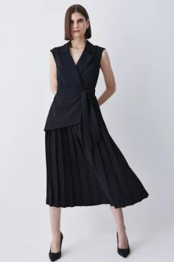 Petite Military Pleat Sleeveless Midi Dress