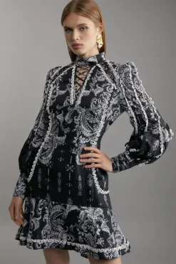 Petite Mono Floral Woven High Neck Mini Dress