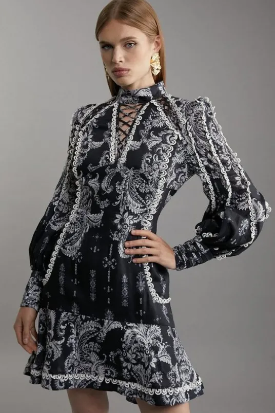 Petite Mono Floral Woven High Neck Mini Dress