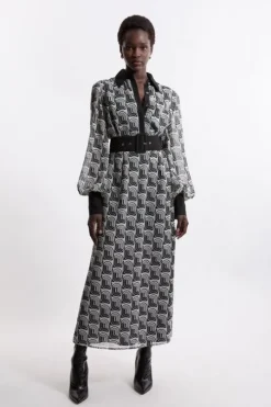 Petite Mono Print Belted Woven Maxi Dress