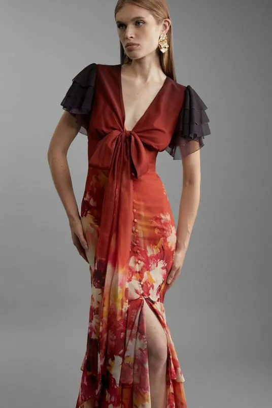 Petite Ombre Floral Ruffle Sleeve Button Through Maxi Dress