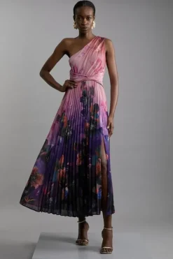 Petite Ombre Floral Soft Pleated One Shoulder Maxi Dress