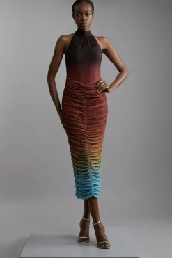 Petite Ombre Jersey Mesh Halter Ruched Mini Dress