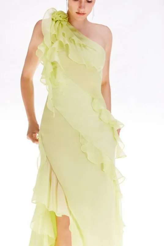 Petite Ooto Crinkle Viscose Rosette Detail Woven Split Front Maxi Dress