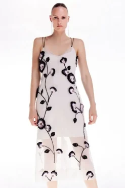 Petite Ooto Organdie Applique Halter Tie Strappy Woven Midi Dress