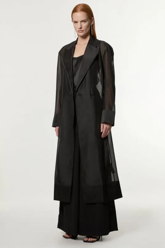 Petite Organza And Satin Mix Tailored Sheer Trench Coat