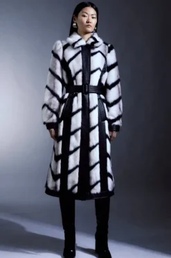 Petite Panelled Stripe Faux Fur Pu Belted Long Coat