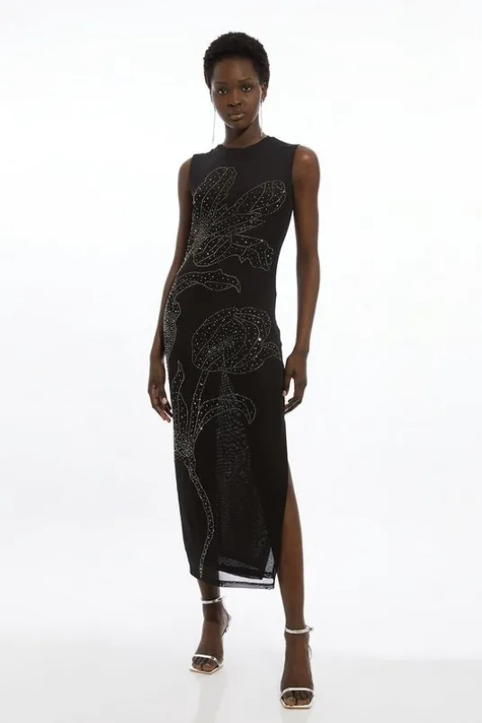 Petite Placed Embellished Floral Mesh Jersey Midi Dress