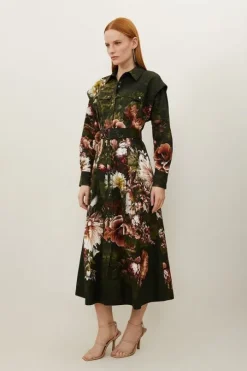 Petite Placed Floral Cotton Sateen Shirt Dress