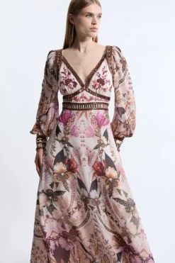 Petite Placed Floral Embroidered And Beaded Woven Midi Dress