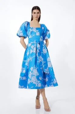 Petite Placed Jacquard Twill Woven Puff Sleeve Dress