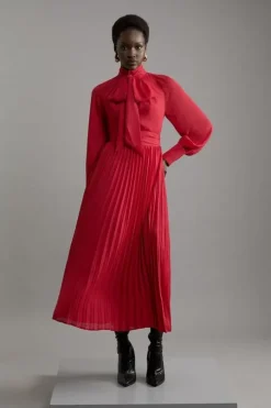 Petite Pleated Tie Neck Woven Maxi Dress With Belt