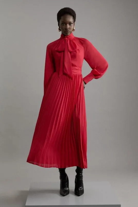 Petite Pleated Tie Neck Woven Maxi Dress With Belt