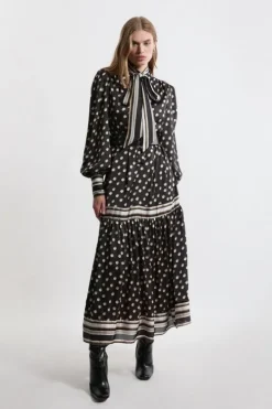 Petite Polka Dot Woven Balloon Sleeve Belted Midaxi Dress