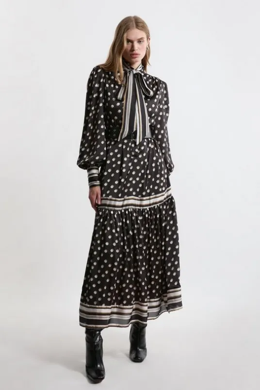 Petite Polka Dot Woven Balloon Sleeve Belted Midaxi Dress