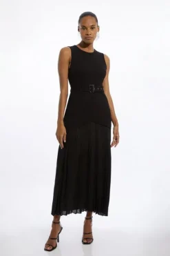 Petite Ponte And Georgette Jersey Pleated Maxi Dress