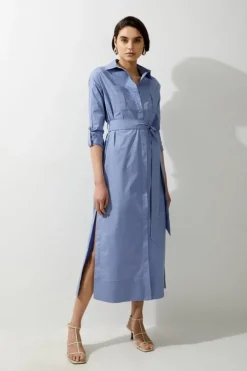 Petite Poplin Dropped Sleeve Woven Belted Shirt Dress